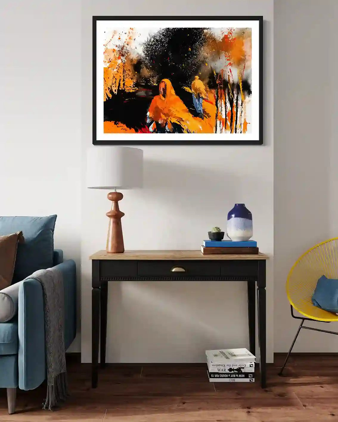 Remnants 1 framed art print by Bakri Moaz displayed in modern living room interior with console table - shop now