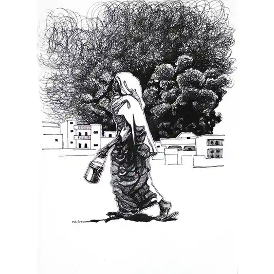 Rhythm of her Step by Obada Gabir - original ink painting of Sudanese woman in traditional dress walking past houses