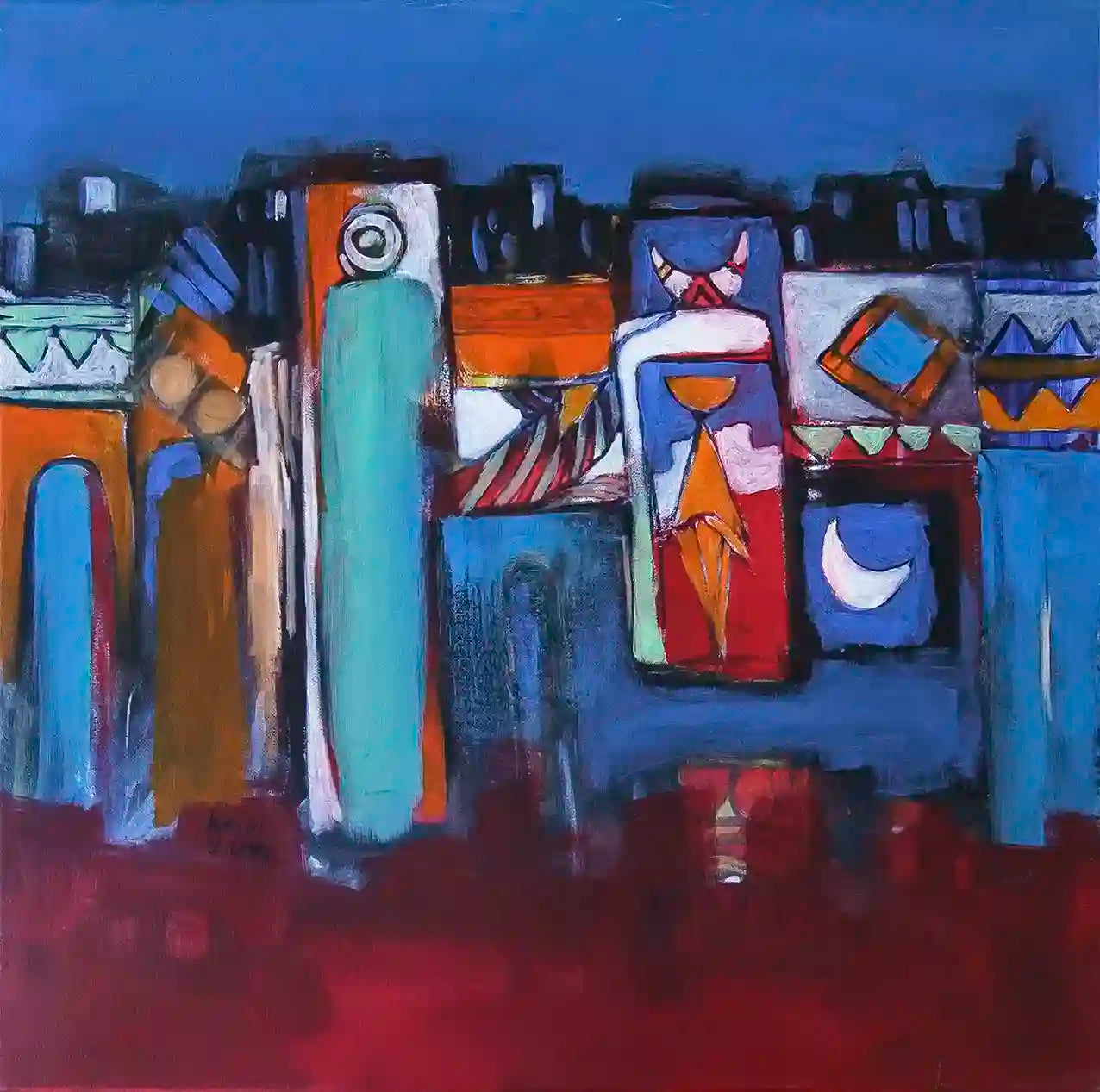 Vibrant blue neighborhood painting with geometric houses and warm orange accents, art print by Abdelmageed Afifi