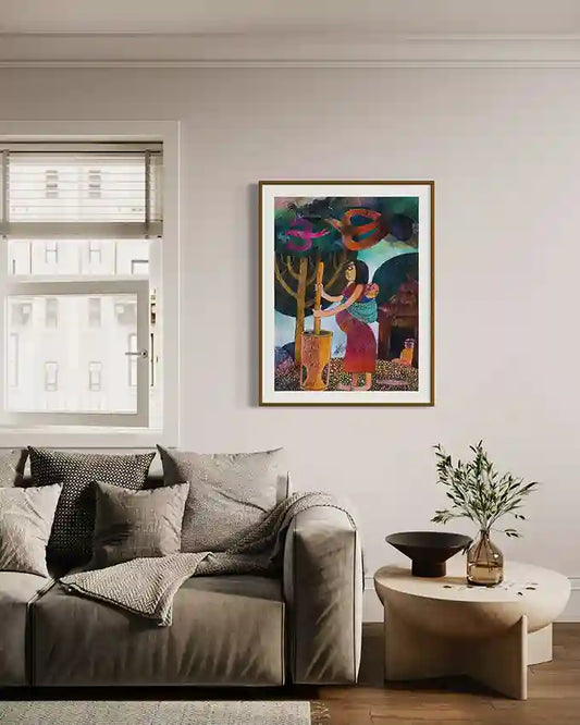 Sacred Rhythm" art print by Tariq Nasre displayed in modern living room with gray sofa, wooden coffee table, and natural light