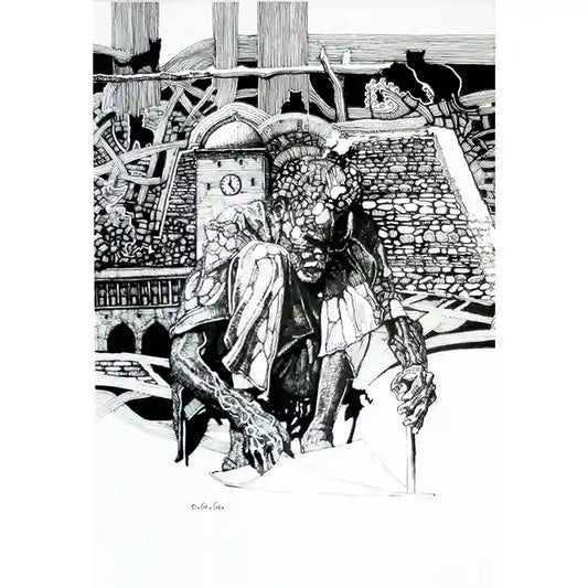 Shadow of Time by Obada Gabir - original ink painting of Sudanese laborer amid architectural ruins with cats