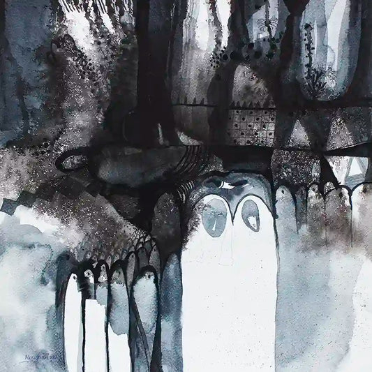 Shadow Play black and white ink wash art print by Abushariaa Ahmed showing ghostly figures in moody urban landscape