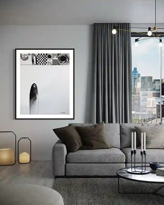 She Who Wears a Crown art print by Abushariaa Ahmed in contemporary urban apartment with city view and grey decor