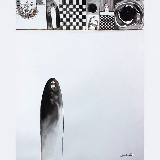 She Who Wears a Crown art print by Abushariaa Ahmed featuring female figure beneath symbolic border in monochrome