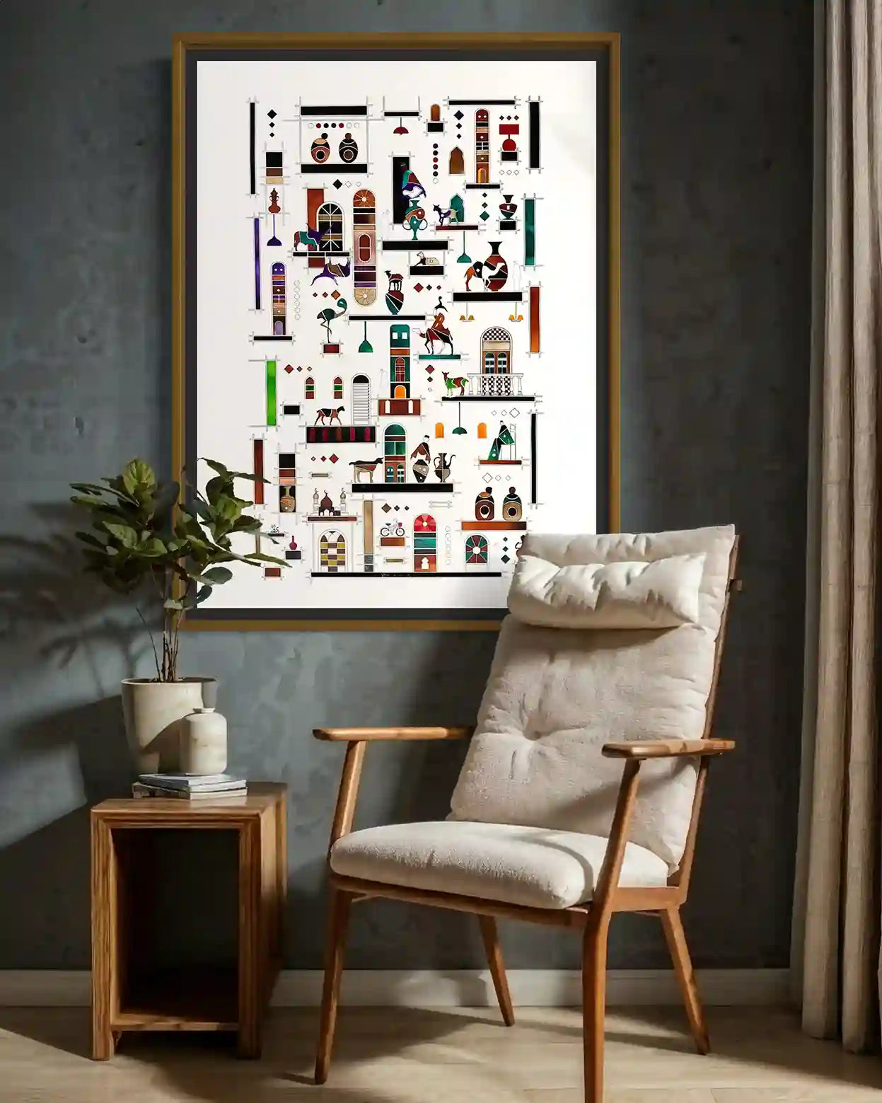 Shelves 1 by Gungalito acrylic painting framed on wall showcasing Middle Eastern architectural art for modern home decor