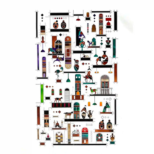 Shelves 1 by Gungalito acrylic painting with Middle Eastern architectural elements animals doors pottery geometric patterns