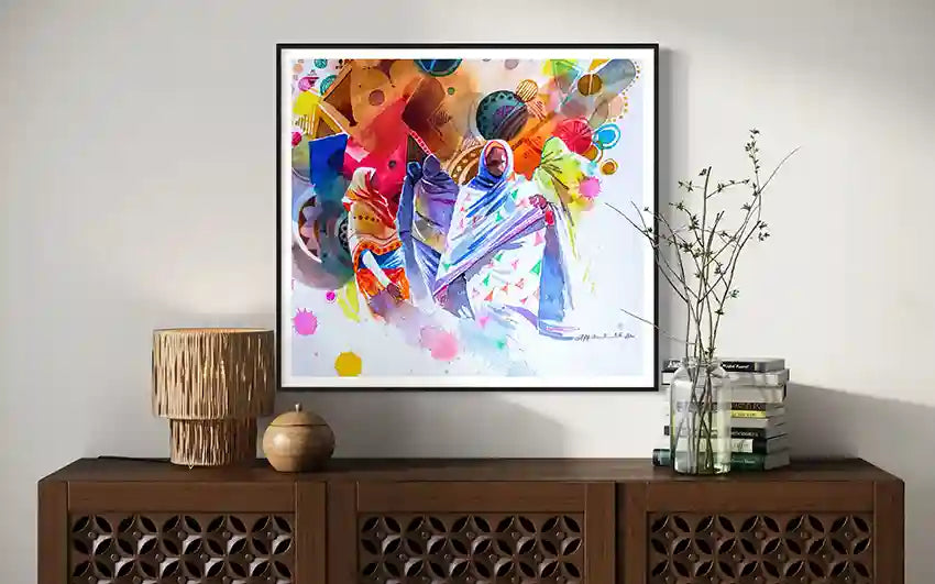 silence distance 1 on a wall above a wooden console table.