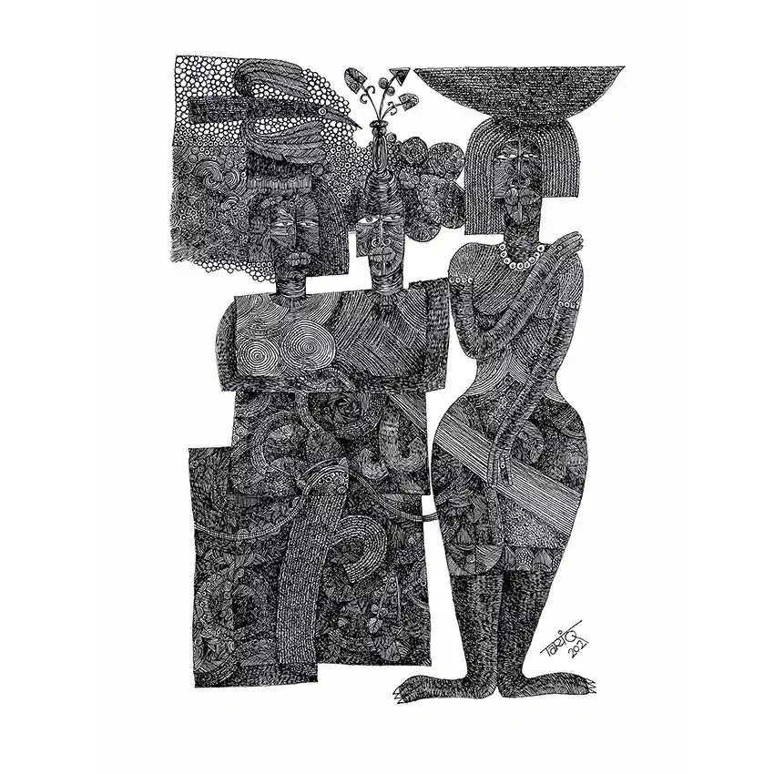 Art print "Sisterhood" by Tariq Nasre showing three intricately patterned female figures in detailed black and white pen and ink
