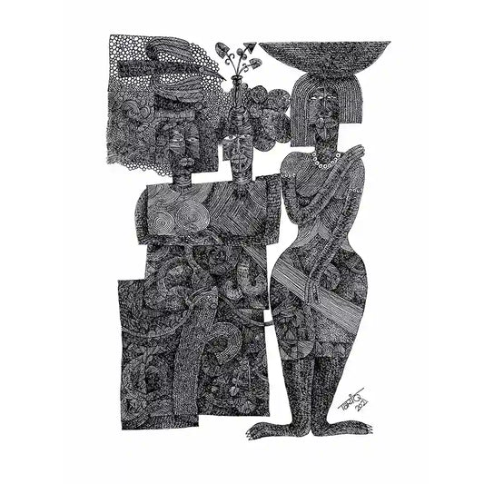 Art print "Sisterhood" by Tariq Nasre showing three intricately patterned female figures in detailed black and white pen and ink