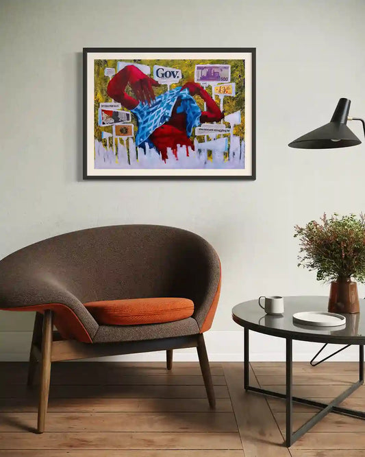 Slogans No More by Mujahid Alhadi framed mixed media art displayed in modern living room with orange chair and coffee table