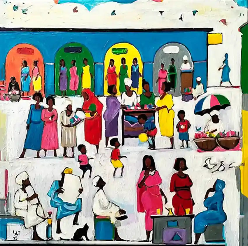 Souk Fragments 10 acrylic painting by Ahmed Alnahas depicting vibrant Sudanese market with colorful arches & bustling crowd