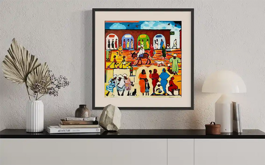 Souk Fragments 11 by Ahmed Alnahas original acrylic painting mockup showing vibrant Sudanese market scene in black frame