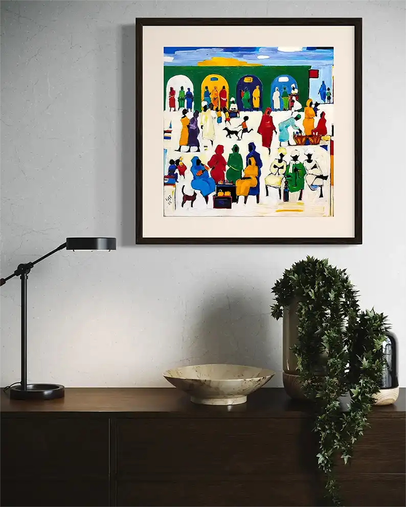 Souk Fragments II original acrylic by Ahmed Alnahas framed on wall showing sunlit Sudanese market in modern interior space