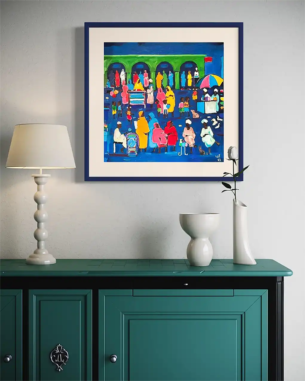 Souk Fragments III original acrylic by Ahmed Alnahas framed on wall showing twilight Sudanese market in stylish interior