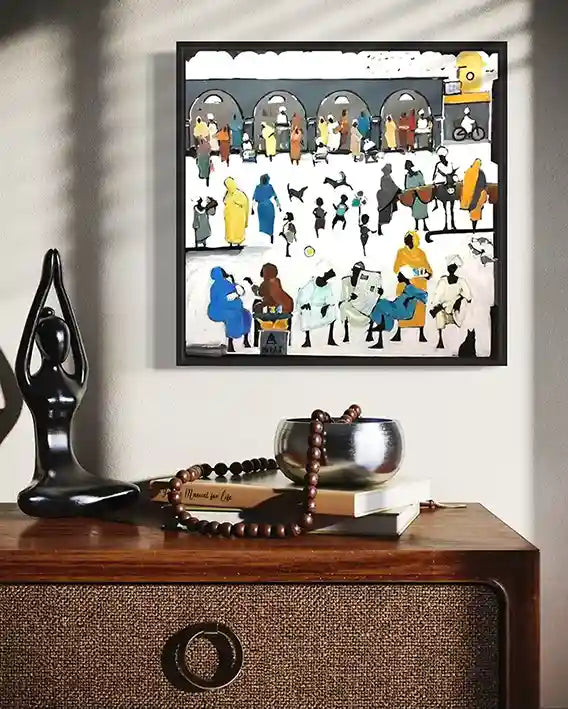 Framed Souk Fragments 6 original painting by Ahmed Alnahas on wall showing monochromatic Sudanese market scene in home setting
