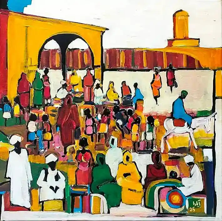 Souk Fragments 9 acrylic painting by Ahmed Alnahas depicting vibrant Sudanese market scene with colorful figures & archways