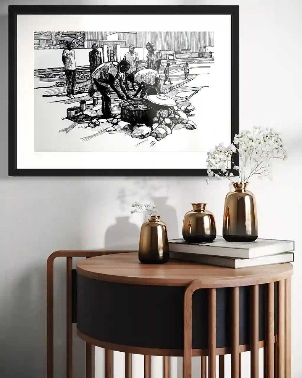 Soup Kitchen framed art by Obada Gabir in contemporary interior, Sudanese ink drawing home decor wall art mockup