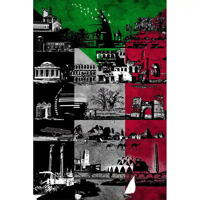Sudan flag digital collage art print featuring pyramids, camels, architecture in red white black green colors wall decor