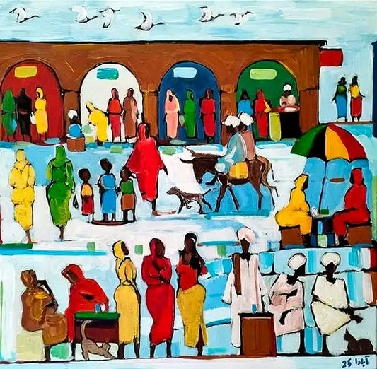 Souk Fragments 5 acrylic painting by Ahmed Alnahas depicting vibrant Sudanese market scene with colorful figures and archways
