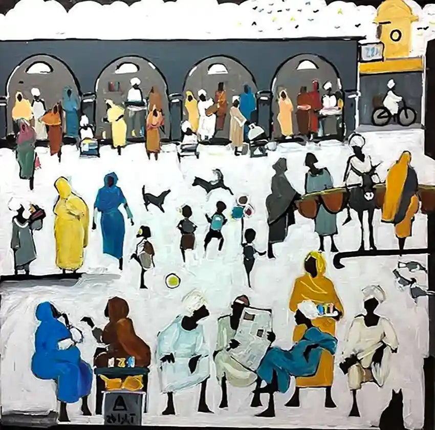 Souk Fragments 6 acrylic painting by Ahmed Alnahas depicting monochromatic Sudanese market scene with silhouetted figures