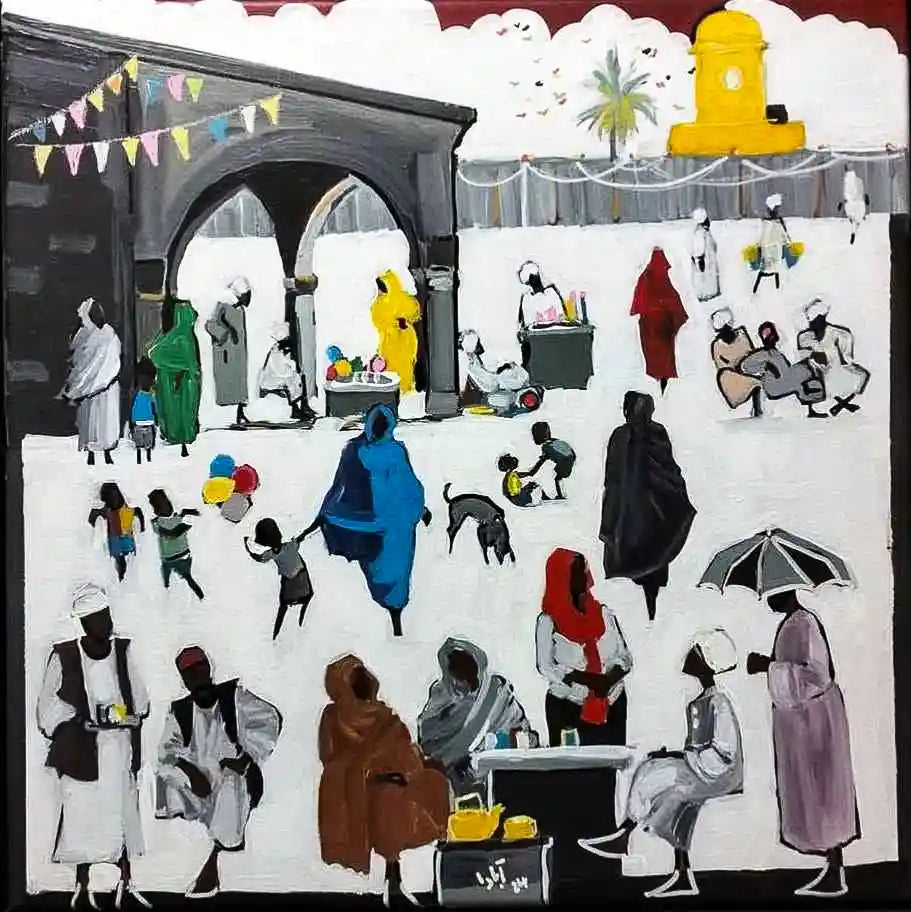 Souk Fragments 7 acrylic painting by Ahmed Alnahas depicting festive Sudanese market scene with bunting and silhouetted figures