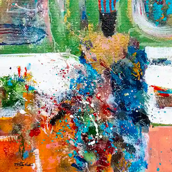 Sufi 10 abstract art print by Hani Khalil featuring vibrant blue, green, red and yellow paint splatters on canvas