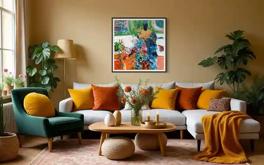 Sufi 10 abstract art print by Hani Khalil in modern living room with beige sofa, yellow pillows & green armchair - home decor