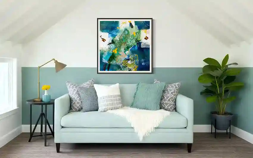 Sufi 11 art print by Hani Khalil framed above mint green sofa in modern living room - home decor styling inspiration