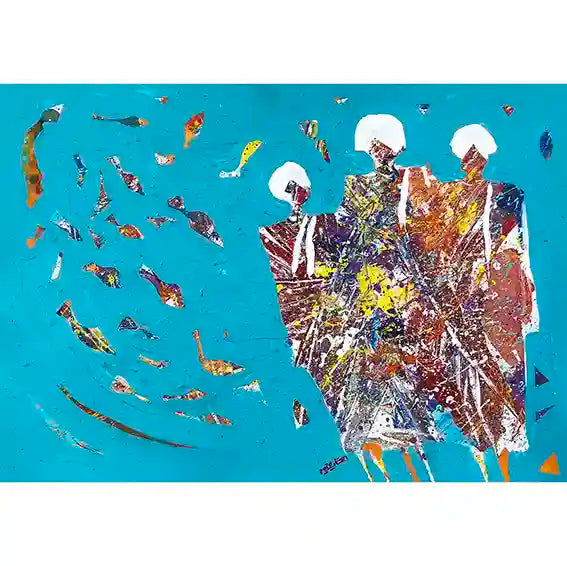 Three Sufi figures in white robes amid colorful burst, fish swimming in turquoise sea, mixed media artwork