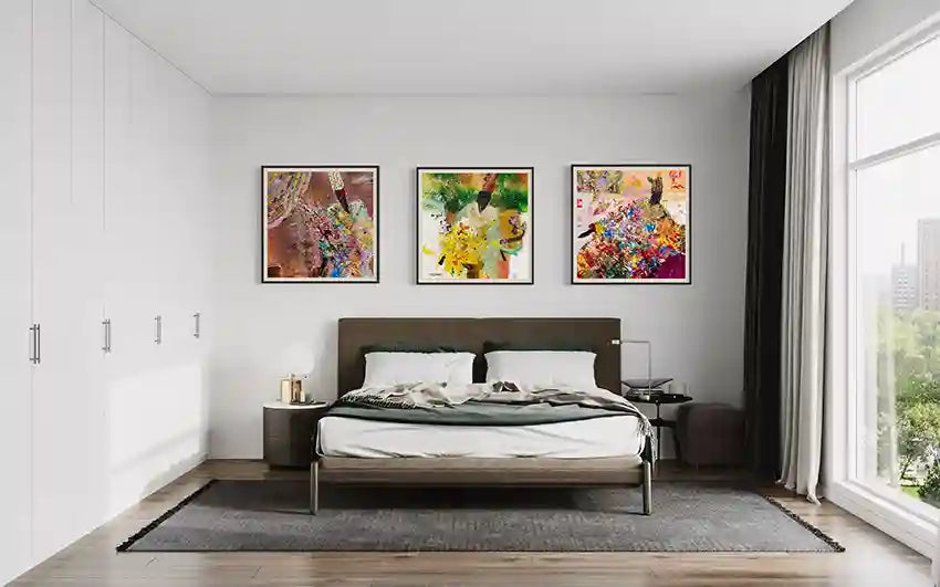 Sufi series three-piece art collection by Hani Khalil above modern platform bed in contemporary master bedroom with minimalist decor