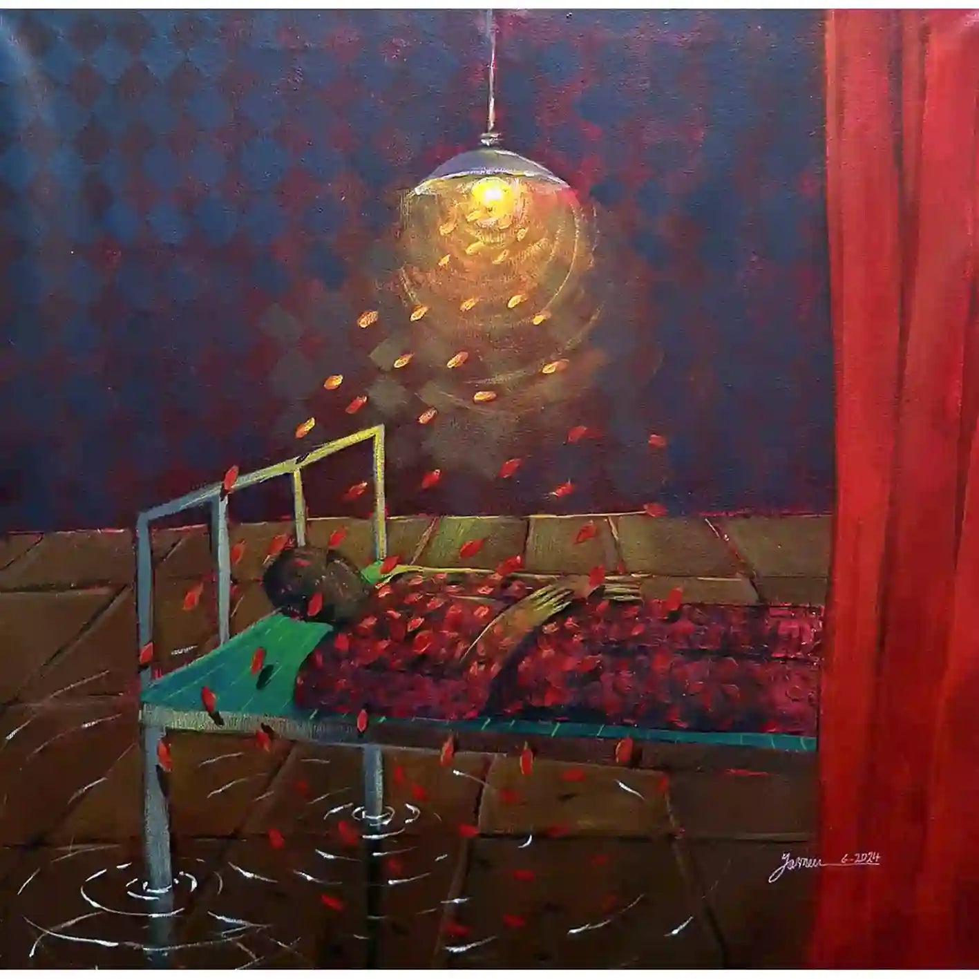Surrounded by Unspoken Words by Yasmeen Abdullah - acrylic art of figure on bed with red petals and glowing pendant lamp