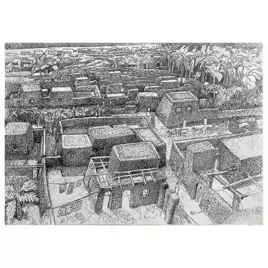 Tayba by Hatim Kuku - ink art print depicting aerial view of traditional Sudanese village with thatched roofs and palm trees