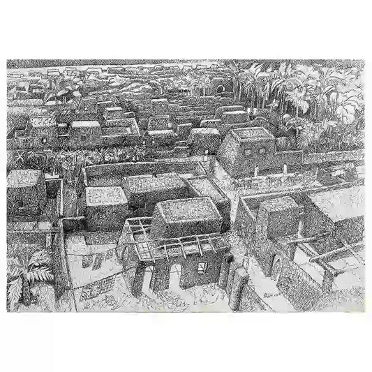 Tayba by Hatim Kuku - ink art print depicting aerial view of traditional Sudanese village with thatched roofs and palm trees