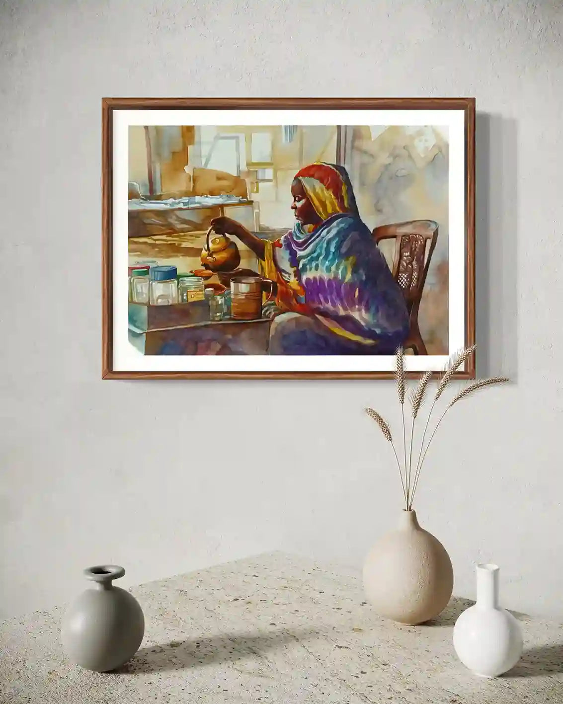 Tea Lady watercolor by Hussein Merghani framed mockup in modern interior with ceramic vases and dried wheat stems