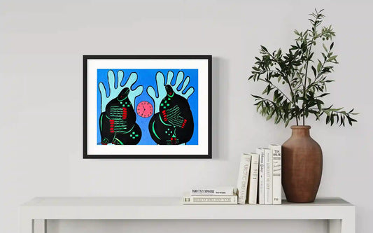 Temporal Silence by Usra Hamza framed art mockup on wall with modern decor, showing vibrant blue and black abstract art