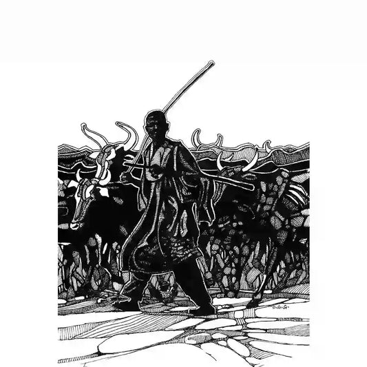 Black and white illustration of cattle herder with staff among herd, traditional pastoral scene art print by Obada Gabir