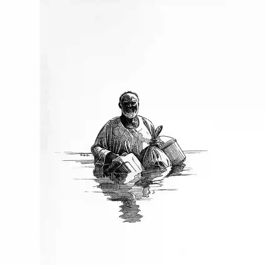 The Crossing by Obada Gabir black and white art print showing figure wading through water crossing a flowing river
