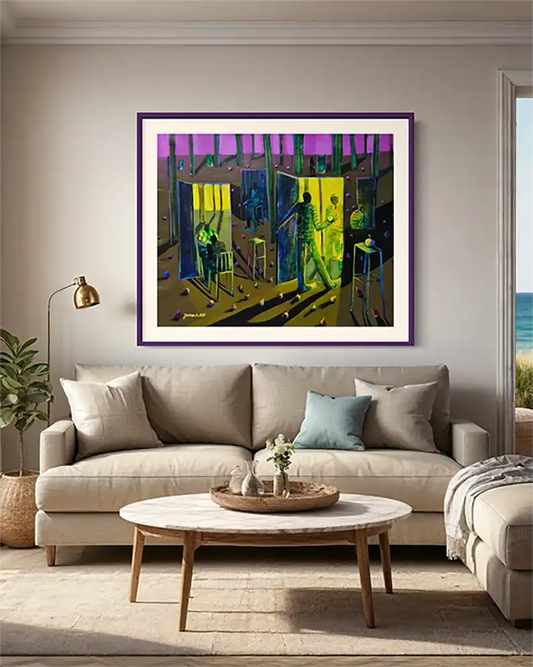 Yasmeen Abdullah doors painting mockup in modern living room with beige sofa, purple frame, coastal view window