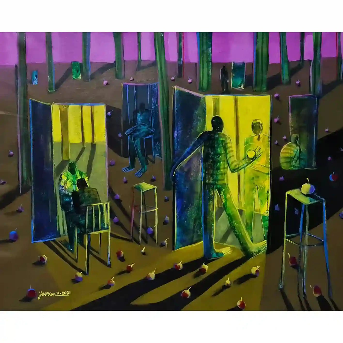 Yasmeen Abdullah painting: figures in colorful doorways with purple sky, green pillars, scattered objects on ground