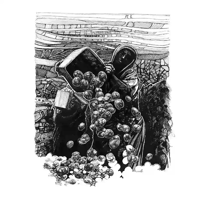 Black and white harvest art print featuring fresh fruits and vegetables in basket by artist Obada Gabir