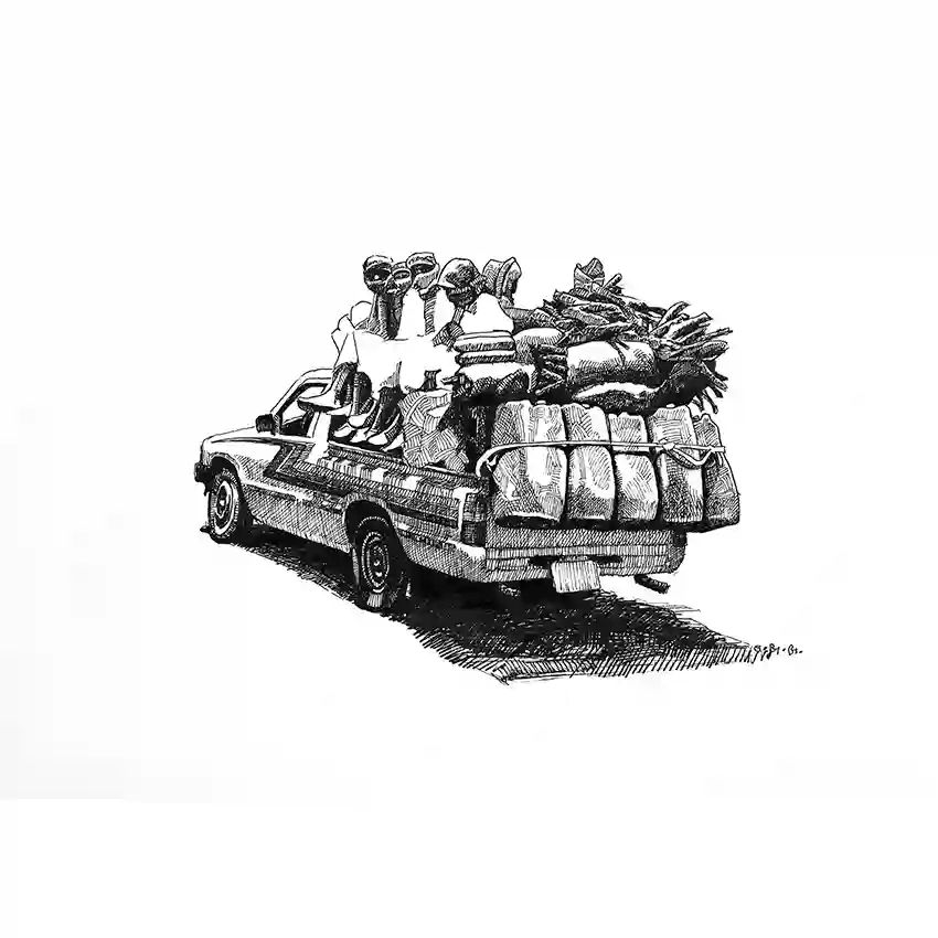 The Long Road black and white pen illustration showing overloaded truck with travelers, fine art print by Obada Gabir