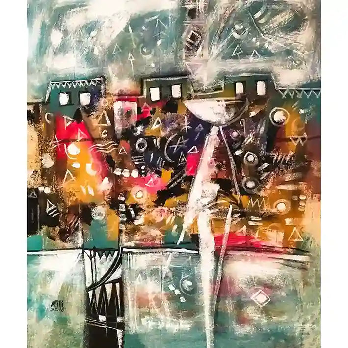 Abstract art print by Abdelmageed Afifi showing Sudanese woman silhouette carrying gourd with colorful village backdrop