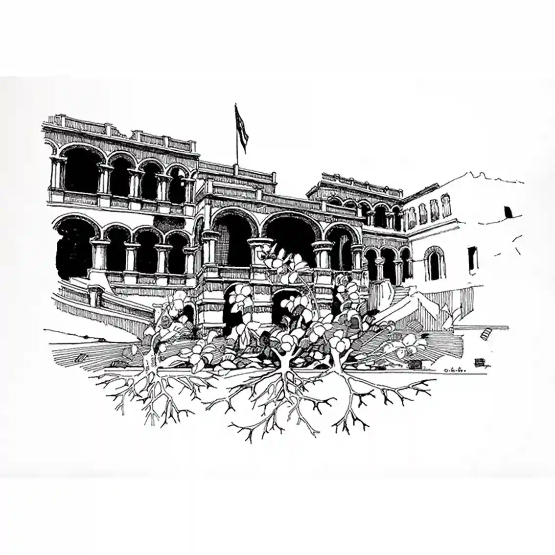 The People's Palace by Obada Gabir - original ink painting on paper showing presidential palace in Khartoum Sudan artwork