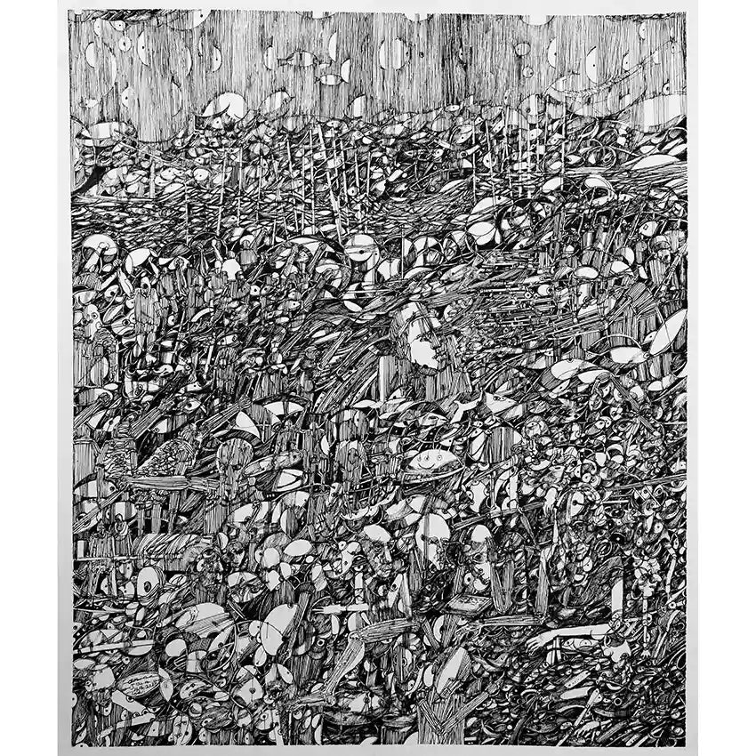 Black and white pen and ink drawing by Osman Gouma showing dense, chaotic landscape with intricate organic and mechanical form