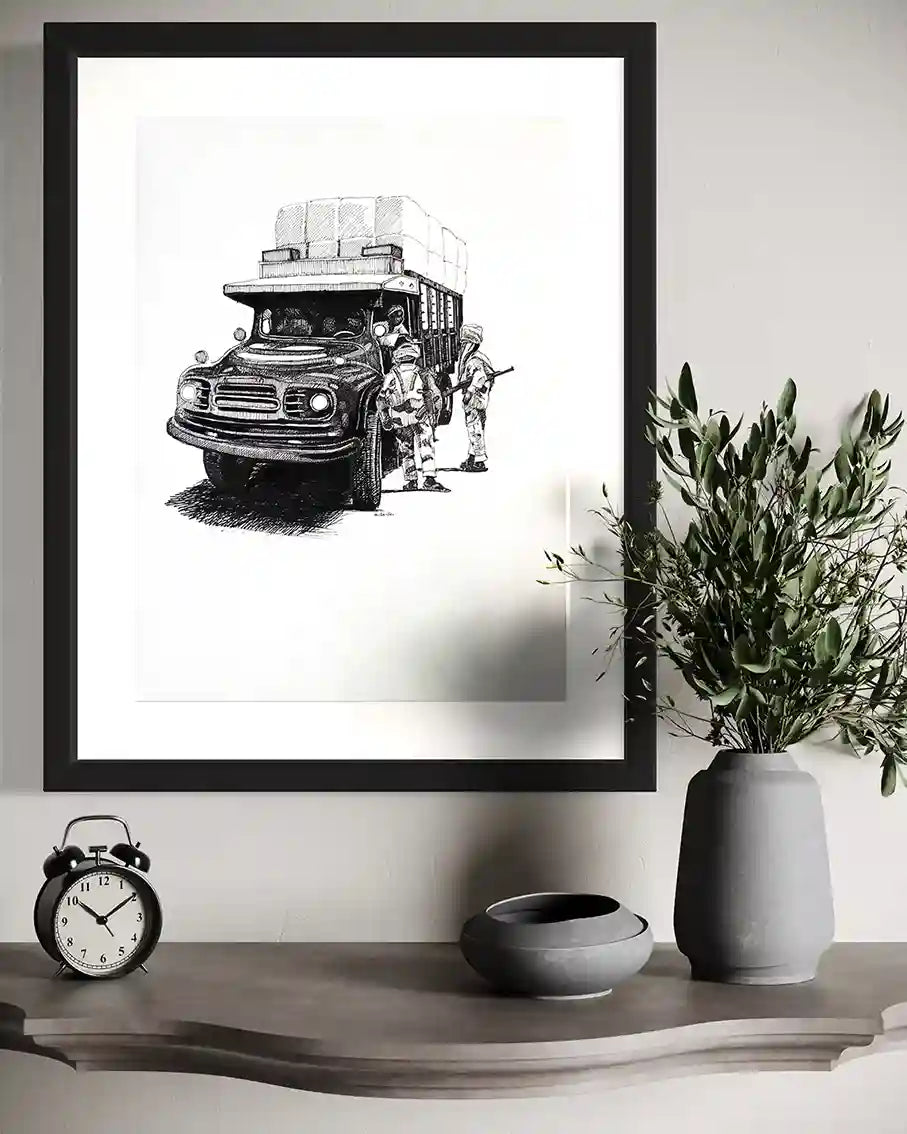 The Stop by Obada Gabir framed original ink painting mockup on wall with modern decor - Bedford truck checkpoint artwork