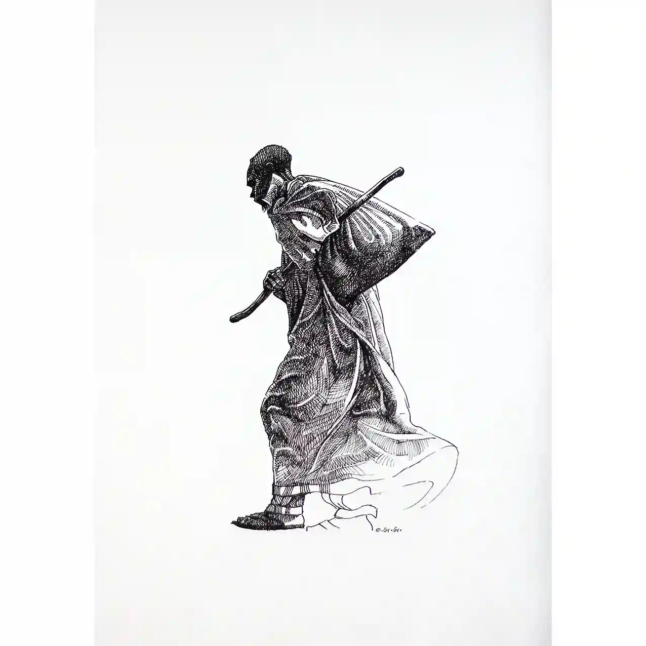The Unseen black and white ink drawing by Obada Gabir showing Sudanese male figure carrying sack and stick in traditional robes