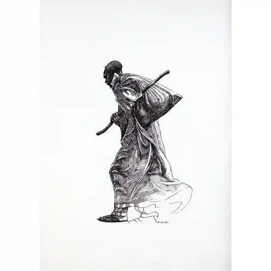 The Unseen black and white ink drawing by Obada Gabir showing Sudanese male figure carrying sack and stick in traditional robes
