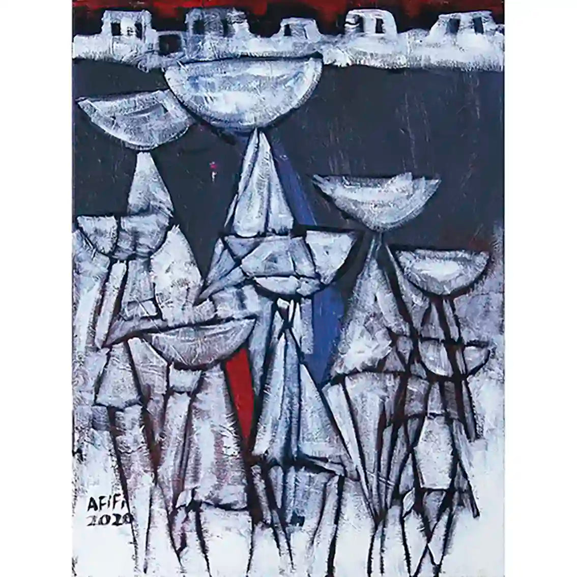 Monochromatic painting of abstracted women carrying water vessels in procession, art print by Abdelmageed Afifi