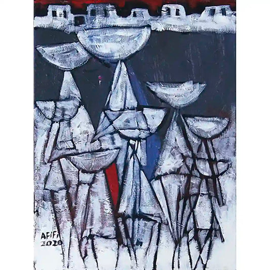 Monochromatic painting of abstracted women carrying water vessels in procession, art print by Abdelmageed Afifi