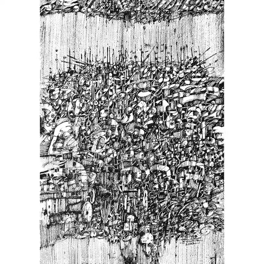 Black and white pen and ink drawing by Osman Gouma showing explosive cascade of intricate forms bursting from canvas